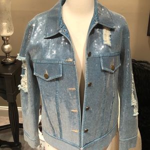 Honey Punch DENIM DISTRESSED SEQUIN JACKET